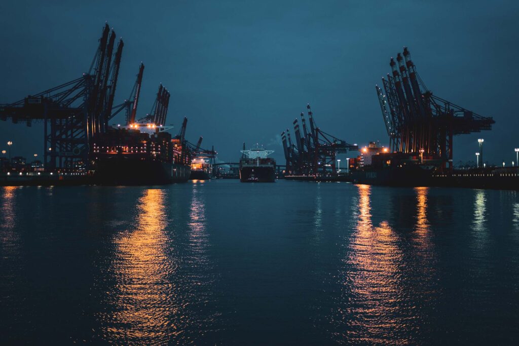 A view of the port of Hamburg at night